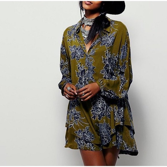 Free People Women's Sz XS Olive Green/Black Floral Shake It Mini Dress Boho - Picture 1 of 7